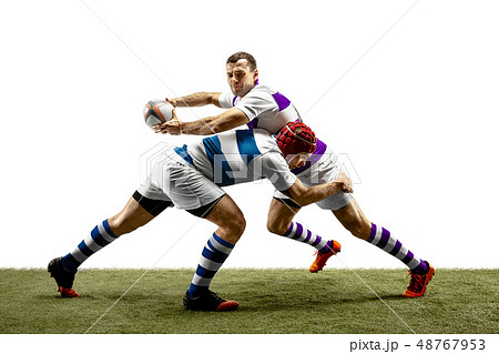 The silhouette of two caucasian rugby male players isolated on white background 48767953