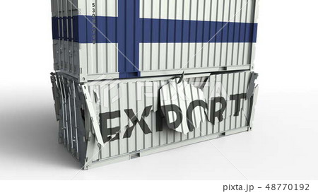 Container with EXPORT text being crashed with container with flag of Finland, conceptual 3D 48770192