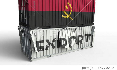 Container with flag of Angola breaking container with EXPORT text. Conceptual 3D rendering 48770217