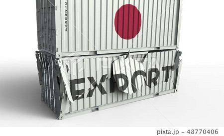 Container with EXPORT text being crashed with container with flag of Japan, conceptual 3D rendering Container with EXPORT text being crashed with container with flag of Japan, conceptual 3D rendering 48770406