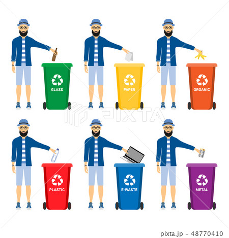 Trash in garbage cans with sorted garbage vector icons. Recycling garbage separation collection and Trash in garbage cans with sorted garbage vector icons. Recycling garbage separation collection and 48770410