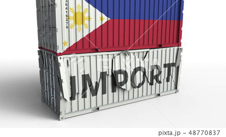 Container with IMPORT text being crashed with container with flag of Philippines, conceptual 3D Container with IMPORT text being crashed with container with flag of Philippines, conceptual 3D 48770837