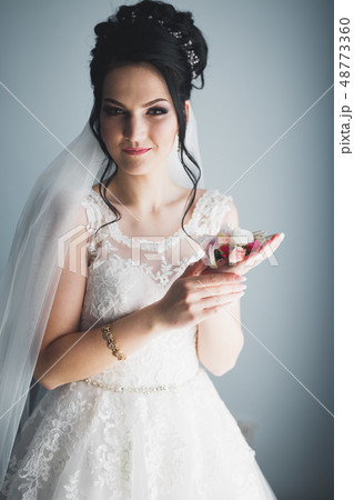 Gorgeous bride in robe posing and preparing for the wedding ceremony face in a room 48773360