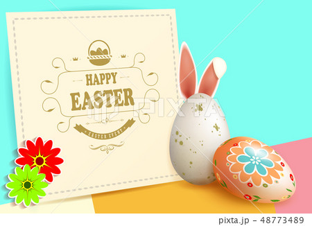 Easter multicolor composition with eggs with bunny ears and a light square frame with flowers, 48773489