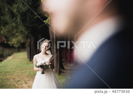 Beautiful luxury young bride in wedding dress posing in park 48773630