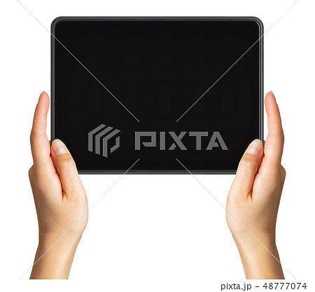 Women's hand showing black tablet, concept of taking photo or selfie Women's hand showing black tablet, concept of taking photo or selfie 48777074