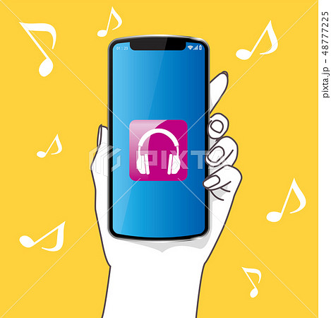スマホを持つ左手のイラスト（シンプル）｜ヘッドホン・音楽のイメージ・黄色の背景｜smartphone 48777225