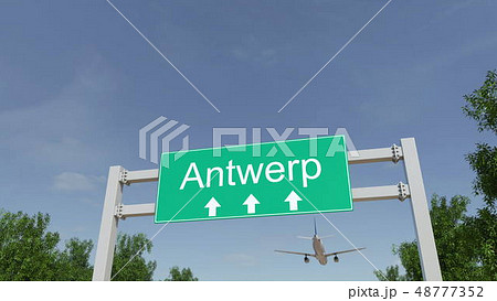 Airplane arriving to Antwerp airport. Travelling to Belgium conceptual 3D rendering 48777352