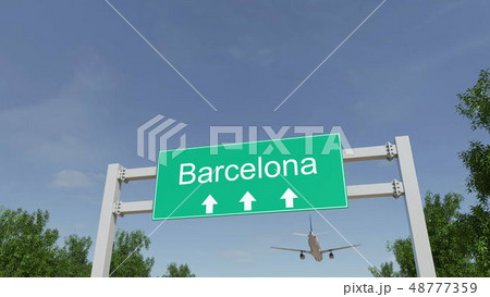 Airplane arriving to Barcelona airport. Travelling to Spain conceptual 3D rendering 48777359