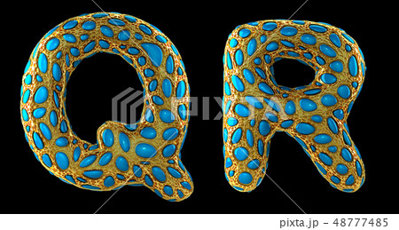 Letter set Q, R made of realistic 3d render golden shining metallic. 48777485