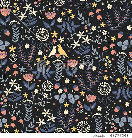 Seamless autumn pattern with cute small birds couple on the doodle flower background. Vector pattern 48777543