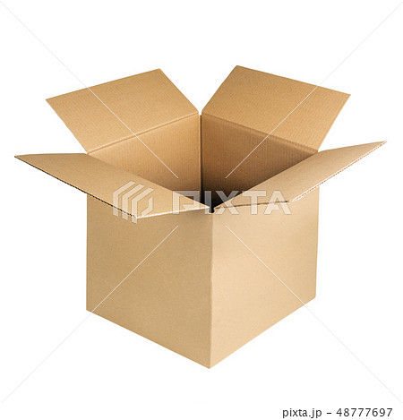 Open cardboard box isolated on white background. Brown kraft carton corrugated box 48777697