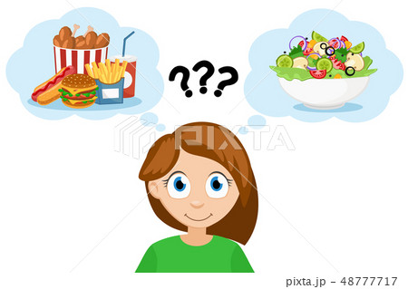 Young woman thinks that eat fast food or salad 48777717