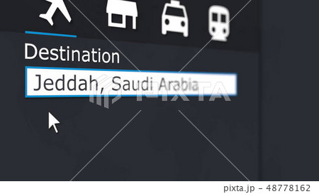 Buying airplane ticket to Jeddah online. Travelling to Saudi Arabia conceptual 3D rendering 48778162