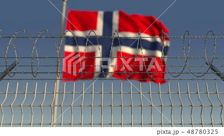 Barbed wire against waving flag of Norway. 3D rendering 48780325