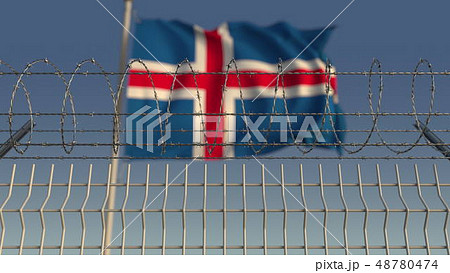 Barbed wire against waving flag of Iceland. 3D rendering 48780474