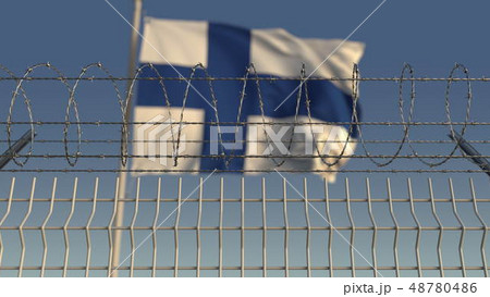 Barbed wire against waving flag of Finland. 3D rendering Barbed wire against waving flag of Finland. 3D rendering 48780486