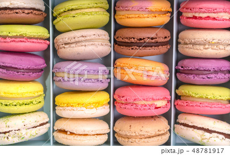 Assorted colorful macaroons in a box Assorted colorful macaroons in a box 48781917