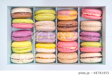 Assorted colorful macaroons in a box Assorted colorful macaroons in a box 48781955