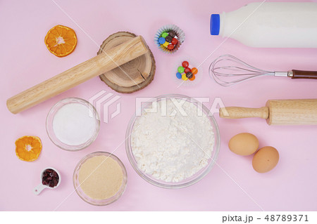 Homemade pastry for Bakery concept, baking in the kitchen and ingredients for baking- eggs,flour,sugar,butter and milk. 071 48789371