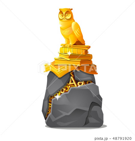 Golden owl statue on books and cracked stone with letters made of gold isolated on white background 48791920