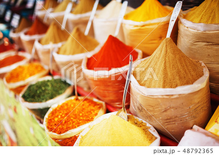 Indian colored spices at local market. A variety Indian colored spices at local market. A variety 48792365