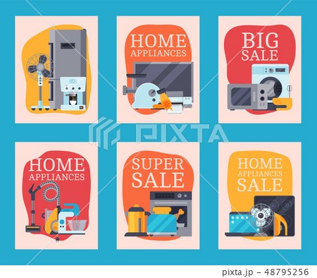 Home appliances sale cards flat illustration vector. Modern technology house machine equipment Home appliances sale cards flat illustration vector. Modern technology house machine equipment 48795256