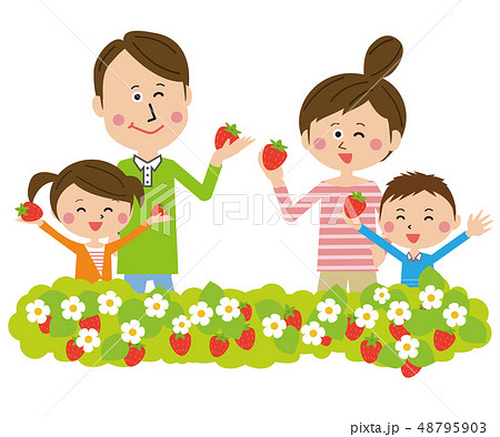 ポップな家族 いちご狩りのイラスト素材