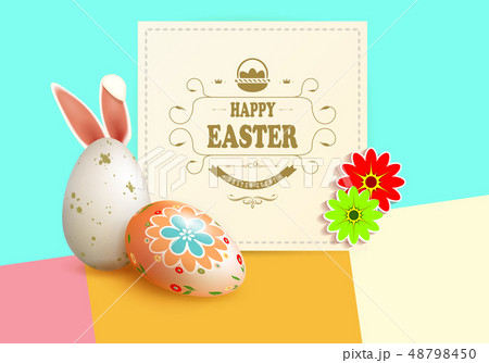 Easter multicolor composition with eggs with bunny ears and frame with flowers, Easter multicolor composition with eggs with bunny ears and frame with flowers, 48798450
