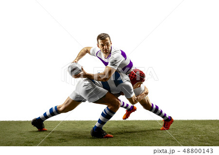 The silhouette of two caucasian rugby male players isolated on white background 48800143