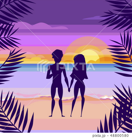 Loving couple on the beach. Sunset. Cartoon style Loving couple on the beach. Sunset. Cartoon style 48800580