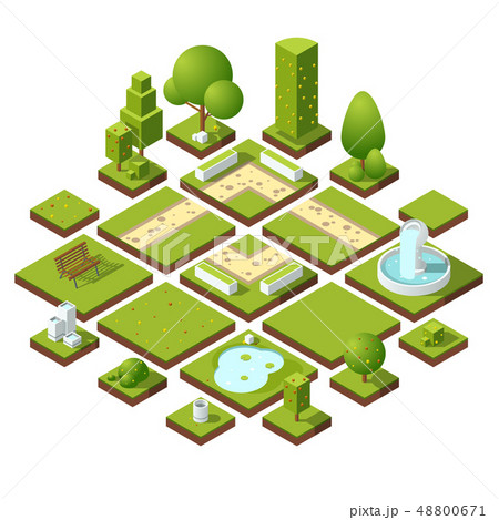 Isometric urban elements and garden decoration. Benches, fountain trees and bushes. Vector 48800671