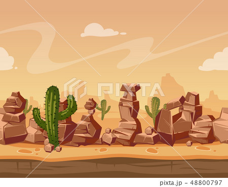 Vector cartoon seamless landscape with stones and cactus. Game wild background illustration 48800797