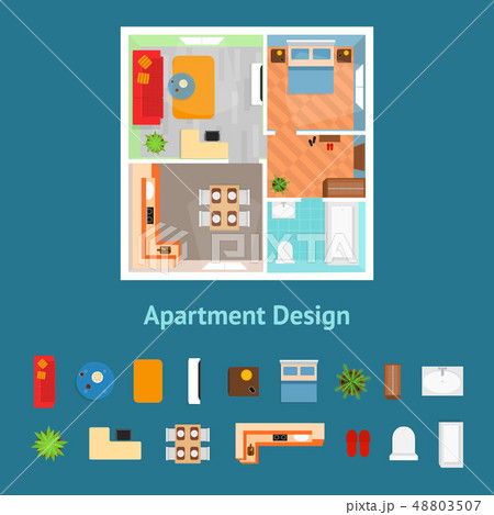 Cartoon Apartment Floor Plan Top View and Elements. Vector Cartoon Apartment Floor Plan Top View and Elements. Vector 48803507