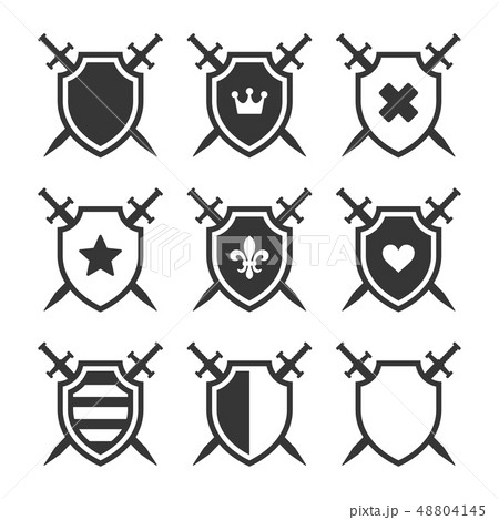 Shield with Crossing Swords and Heraldic Emblem Icons Set. Vector 48804145