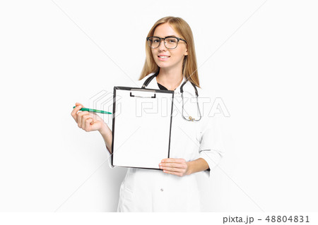 Young female doctor in glasses and a stethoscope 48804831
