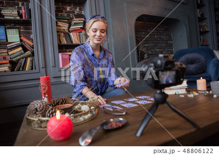 Joyful happy woman recording a video for her blog 48806122