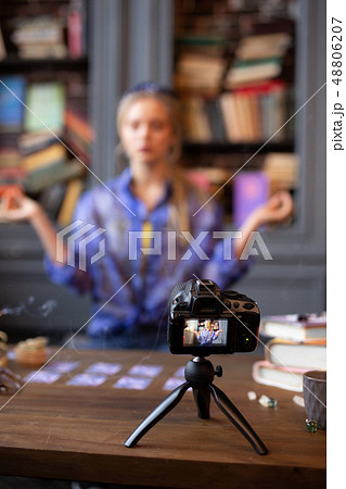 Selective focus of camera on the tripod 48806207