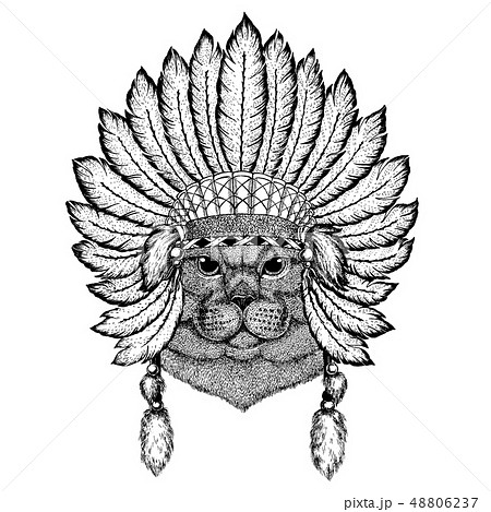 Wild animal wearing inidan headdress with feathers. Boho chic style illustration for tattoo, emblem 48806237