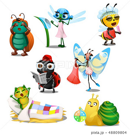 Set Of Cute Joyful Insects In The Morning のイラスト素材