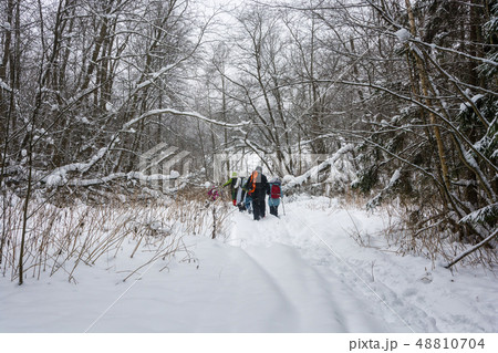 A small group of tourists goes through the winter 48810704