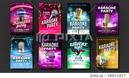Karaoke Poster Set Vector. Mic Design. Disco Banner. Rock Fun. Vocal Sign. Media Announcement. Star Karaoke Poster Set Vector. Mic Design. Disco Banner. Rock Fun. Vocal Sign. Media Announcement. Star 48811827