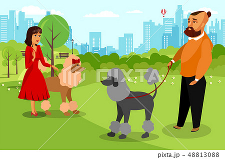 Man and Woman Walking with Dog Vector Illustration 48813088