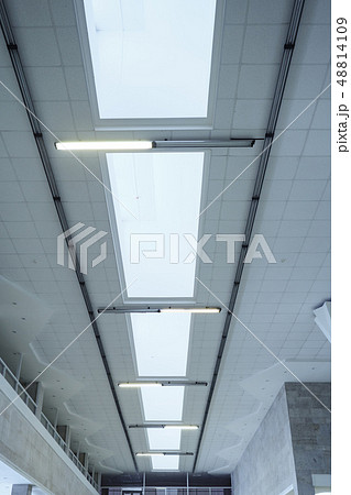 Lights in long line on ceiling of the office industrial building 48814109