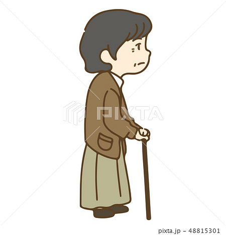 杖を持って立っている高齢女性のシンプルなイラスト 横向きのイラスト素材