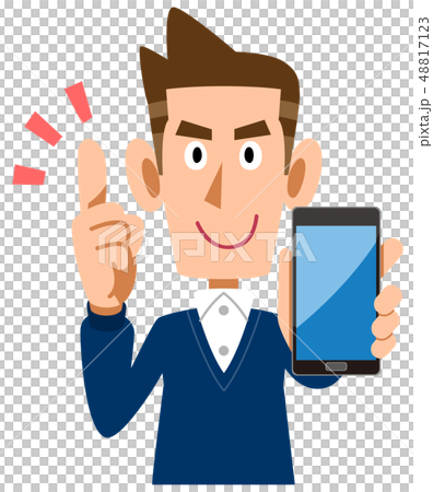 スマートフォンを手に持ち要点を説明する男性 48817123