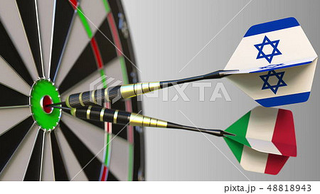 Flags of Israel and Italy on darts hitting bullseye of the target. International cooperation or Flags of Israel and Italy on darts hitting bullseye of the target. International cooperation or 48818943