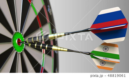 Flags of Russia and India on darts hitting bullseye of the target. International cooperation or Flags of Russia and India on darts hitting bullseye of the target. International cooperation or 48819061