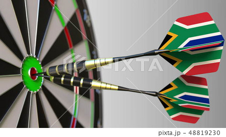 South African national achievement. Flags of the SAR on darts hitting bullseye. Conceptual 3D 48819230