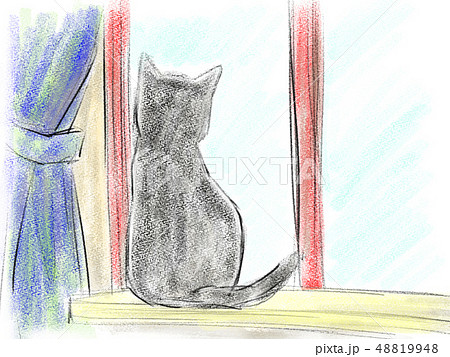 窓から外を見る猫のイラスト素材